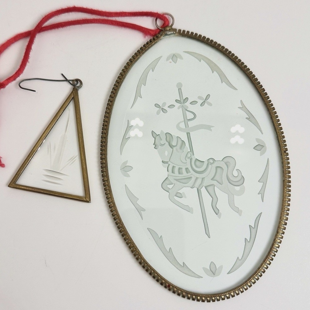 Vintage Suncatchers Brass Framed Etched Glass Frosted Set 2 Carousel Horse Boho